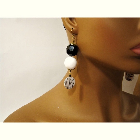 Mega White Black Retro style vintage Beaded Crystal accent 3 inch Drop Earrings - Picture 4 of 8